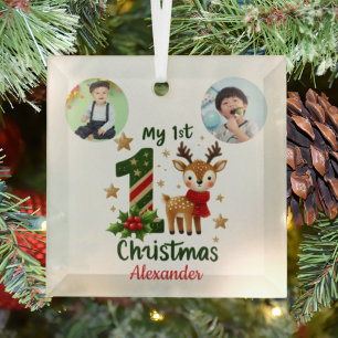 My 1st Christmas Cute Reindeer Baby Boy Photo Glass Tree Decoration