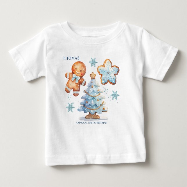 My 1st Christmas Gingerbread Boy Snowy Tree  Baby T-Shirt (Front)