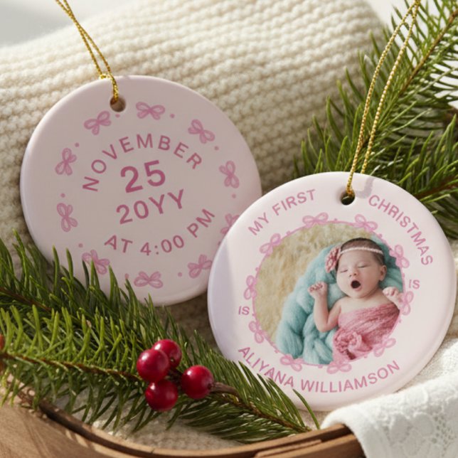 My 1st Christmas Pink Bow Baby Photo Keepsake  Ceramic Ornament (Creator Uploaded)