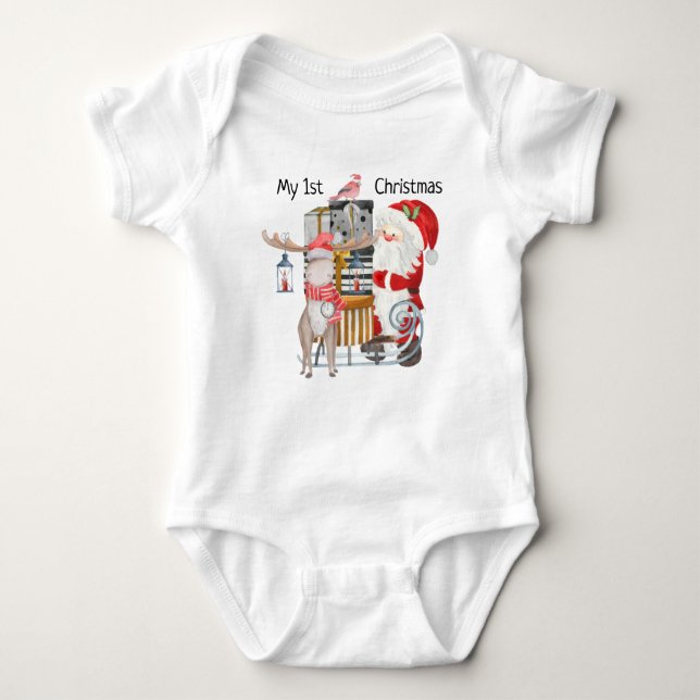 My 1st Christmas Santa and Reinder with Sleigh Baby Bodysuit (Front)