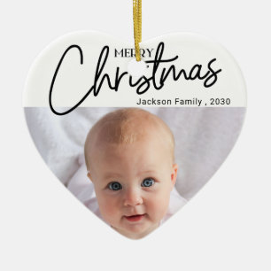 My 1st Christmas Script Photo Snowflake Heart Ceramic Ornament