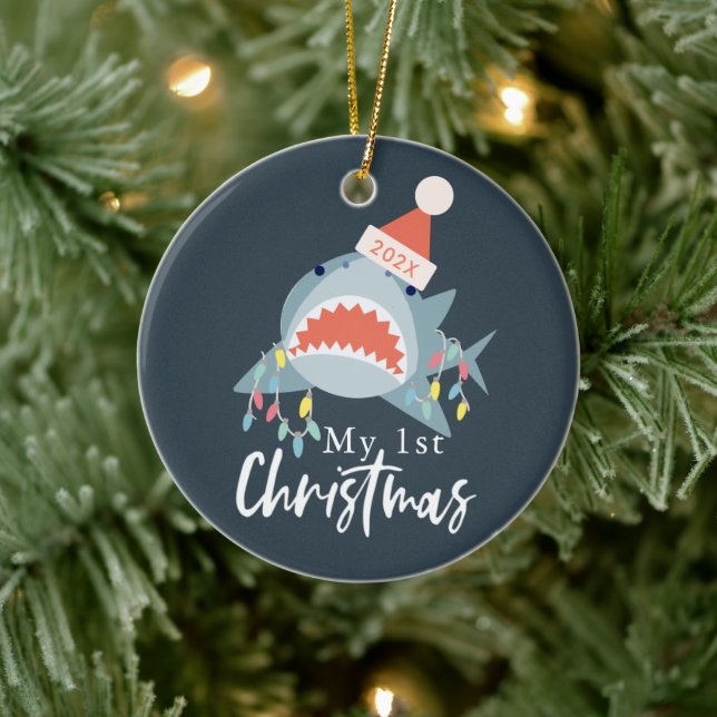 My 1st Christmas Shark Santa Holiday Lights Photo Ceramic Ornament (Tree)