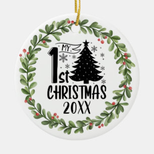 My 1st Christmas Watercolor Wreath  Ceramic Ornament