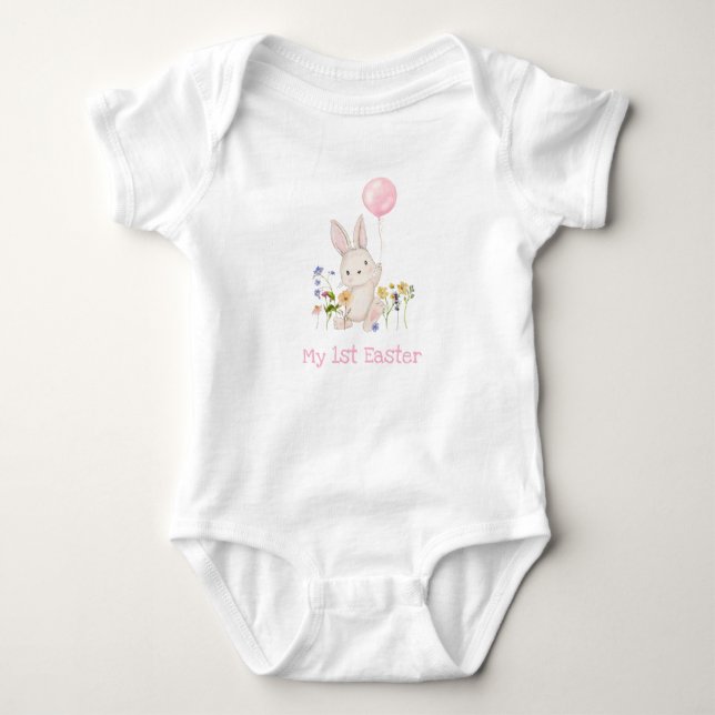 My 1st Easter Cute Floral Bunny with Pink Balloon Baby Bodysuit (Front)