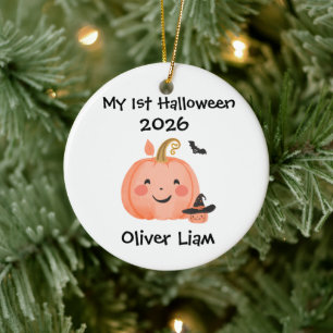 My 1st Halloween 2026 Smiling Pumpkin Witch Name Ceramic Ornament