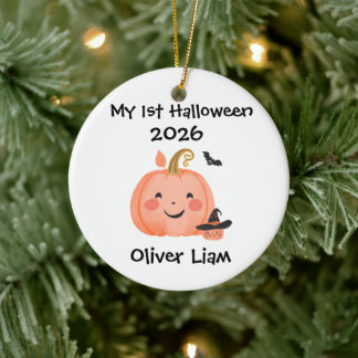 My 1st Halloween 2026 Smiling Pumpkin Witch Name Ceramic Ornament