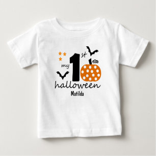 My 1st Halloween. Pumpkin & Bats. Editable Name Baby T-Shirt