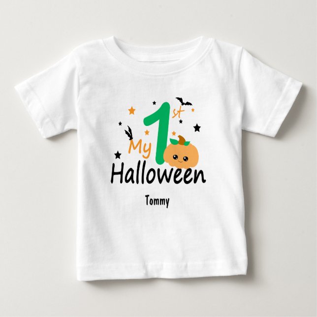 My 1st Halloween. Pumpkin, Bats, Editable Name Baby T-Shirt (Front)