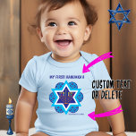 My 1st Hanukkah blue - customisable Baby Bodysuit<br><div class="desc">Happy Hanukkah in shades of blue with yellow menorah and David's star in a background. Colourful candles. Great as a gift  for baby's 1st Hanukkah.
Custom name and date. Change or delete.

Wishing you happy Hanukkah!</div>