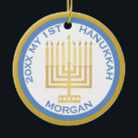 My 1st Hanukkah Photo Blue Gold Personalised Ceramic Ornament<br><div class="desc">Personalise this cute blue and gold MY 1ST HANUKKAH ornament for a one of a kind keepsake. Upload your baby's photo on one side and add baby's name and the year on the other. The traditional blue and gold Hanukkah colours are highlighted by a simple gold tone Menorah in the...</div>
