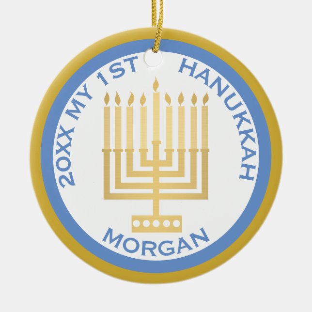 My 1st Hanukkah Photo Blue Gold Personalised Ceramic Ornament (Front)