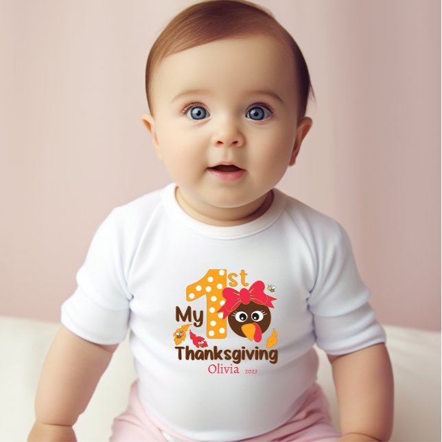 My 1st Thanksgiving Add Name Year white girl's Baby Bodysuit (Creator Uploaded)