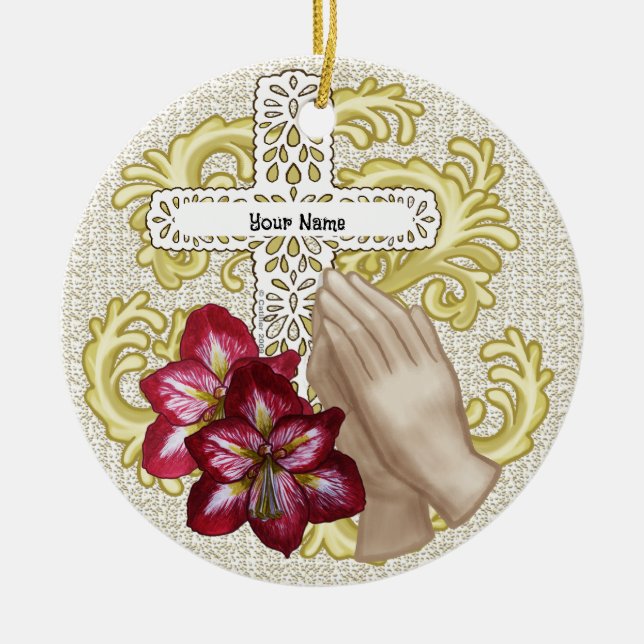 My Amaryllis Christian Cross  Ceramic Ornament (Front)