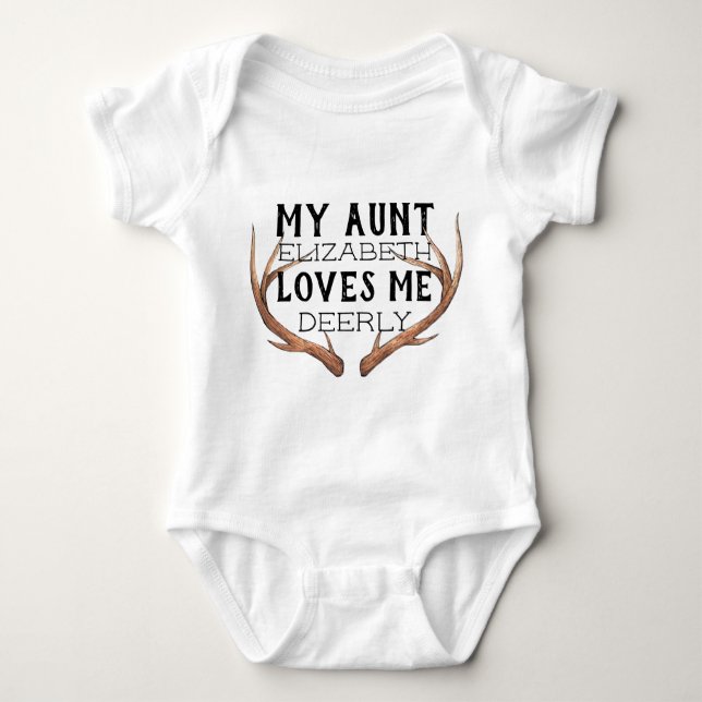 my aunt loves me, aunt shirt, deer antlers baby bodysuit (Front)