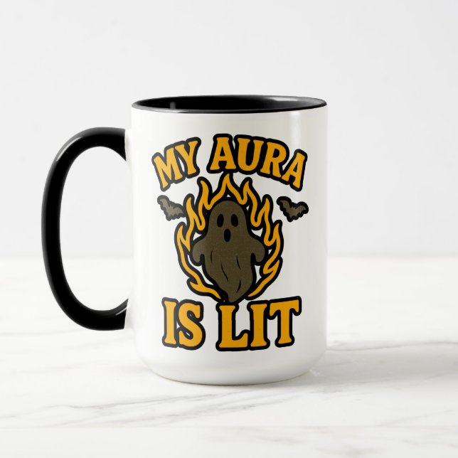 MY AURA IS LIT – Funny Halloween Ghost Mug (Left)