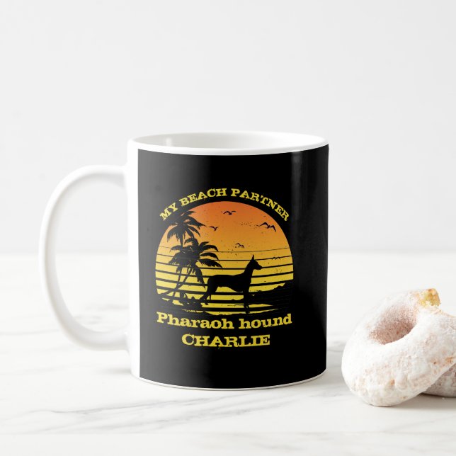 My Beach Partner Sunset Palm tree Pharaoh hound  Coffee Mug (With Donut)