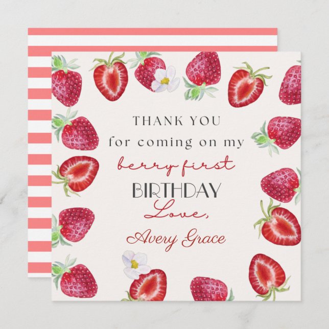 My Berry First Birthday Cute Strawberry Thank You  (Front/Back)