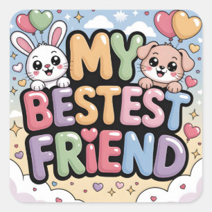 My Bestest Friend Graphic: Cute Bunny and Puppy Square Sticker