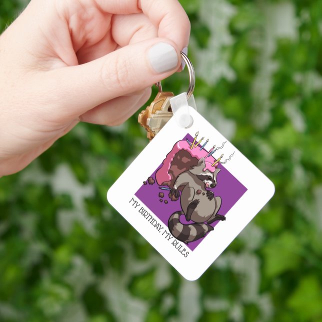 My Birthday My Rules Cake Eating Racoon Cartoon Key Ring (Hand)