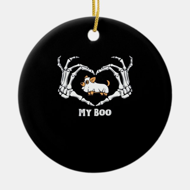 My Boo Chihuahua Costume With Skeleton Heart Hands Ceramic Ornament (Front)