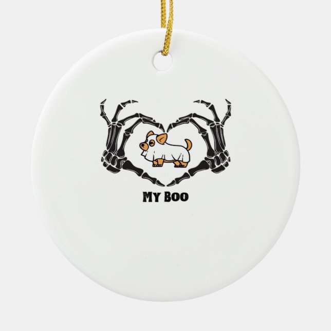 My Boo Chihuahua Costume With Skeleton Heart Hands Ceramic Ornament (Front)