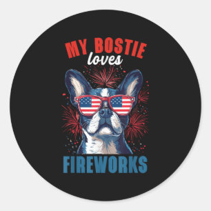 My Boston Terrier Loves Fireworks 4th Of July Dog  Classic Round Sticker