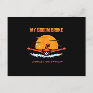 My Broom Broke Swimming Halloween Outfit Design Invitation Postcard
