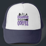 My Broomstick Runs On Coffee addict Halloween Cool Trucker Hat<br><div class="desc">Celebrate birthdays and Halloween with a touch of spooky vibes. Our "My Broomstick Runs On Coffee" design making it a fantastic present option.</div>