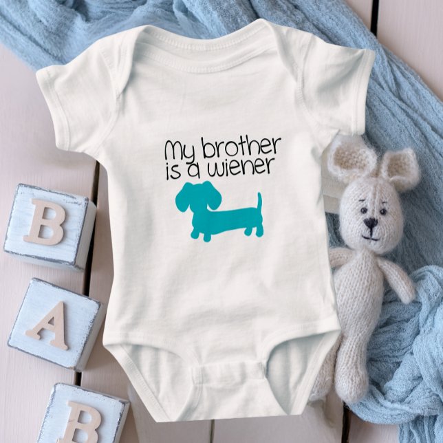 My Brother is a Wiener Outfit Gender Neutral Gift Baby Bodysuit (wiener dog baby nursery gift for a doxie themed baby shower.)