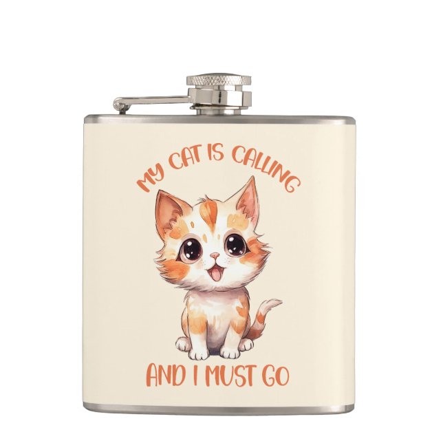 My Cat Is Calling Cute Orange Cat Hip Flask (Front)
