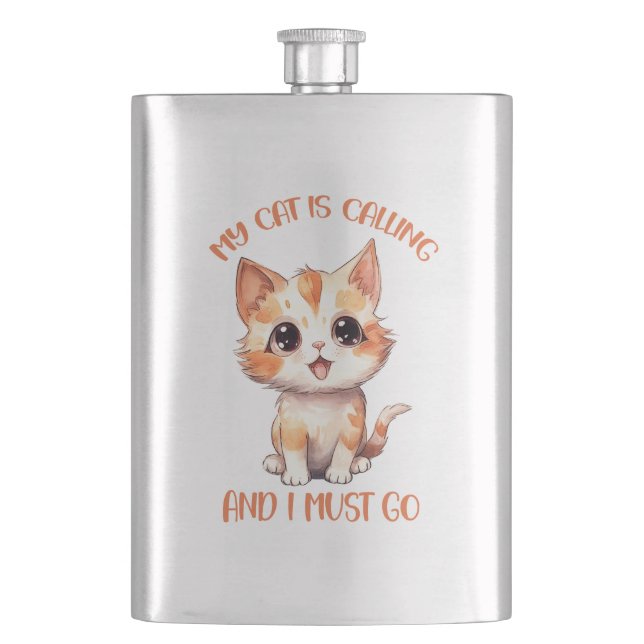 My Cat Is Calling Cute Orange Cat Hip Flask (Front)