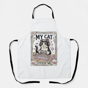 My Cat Is Player Two Cat Gamer Tech Vintage Vector Apron