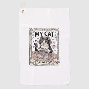 My Cat Is Player Two Cat Gamer Tech Vintage Vector Golf Towel