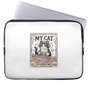 My Cat Is Player Two Cat Gamer Tech Vintage Vector Laptop Sleeve