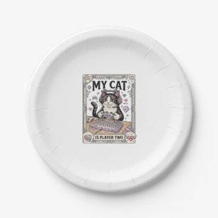 My Cat Is Player Two Cat Gamer Tech Vintage Vector Paper Plate