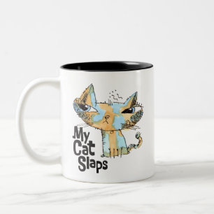 My Cat Slaps Funny Brown/Blue Cat Illustration Mug