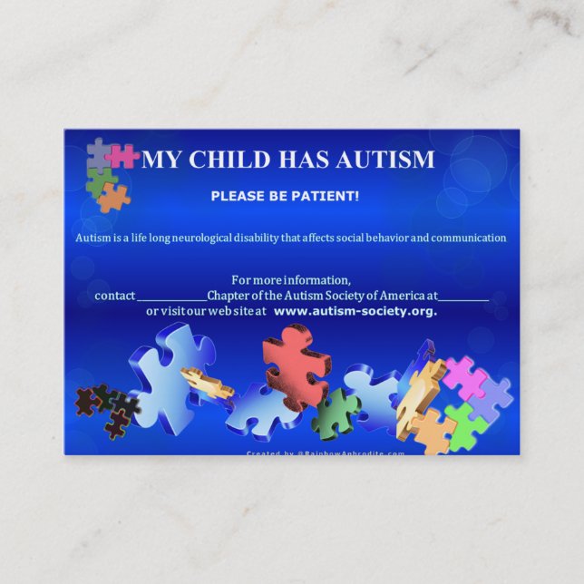 MY CHILD HAS AUTISMBusiness Card (Front)
