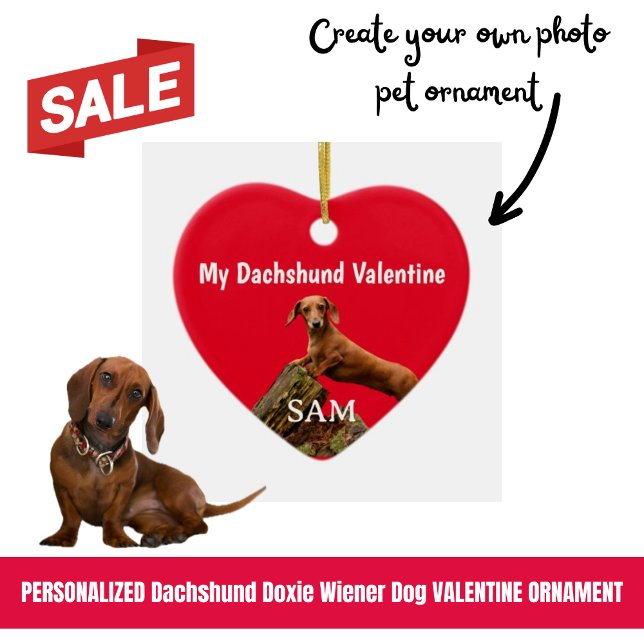 My Dachshund Valentine Red Photo Name Ceramic Ornament (Personalized Doxie Valentine Ornament)