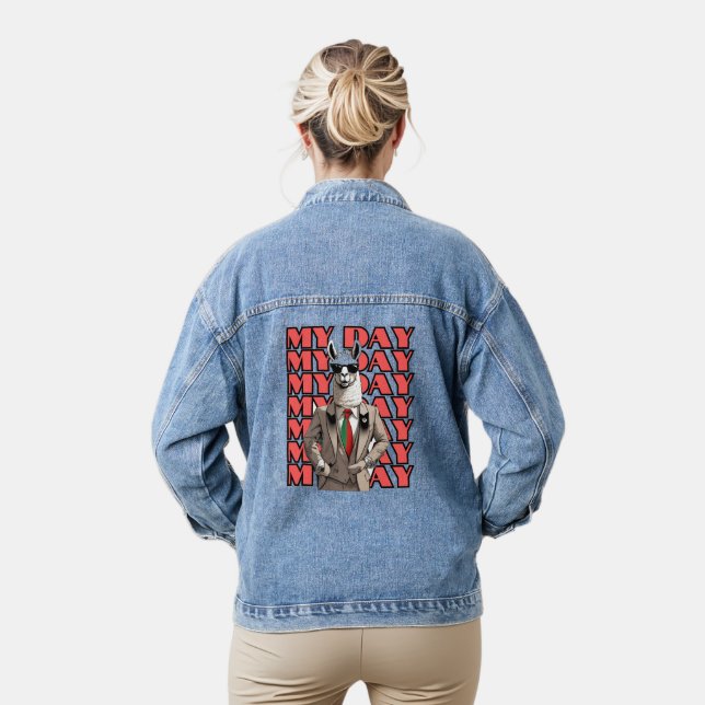 My Day Llama in Gucci Inspo Red Black Beige Design Denim Jacket (Model)