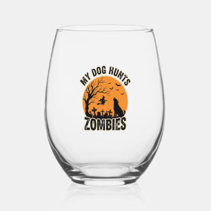 My Dog Hunts Zombies Vintage Halloween Dog Design_ Stemless Wine Glass