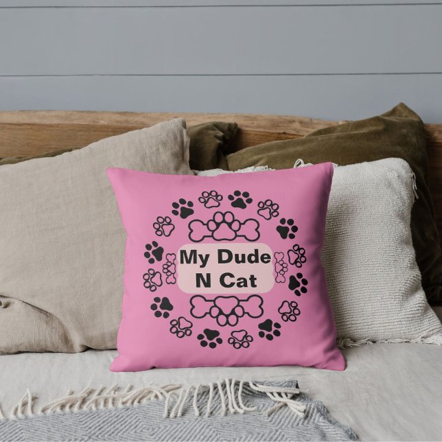 My Dude And Cat Funny Retro Cute Modern Paw Pink Cushion (Creator Uploaded)