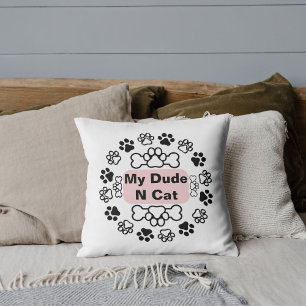 My Dude And Cat Funny Retro Cute Modern Paw White Cushion