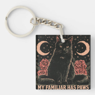 My Familiar Has Paws - Mystical Black Cat and Rose Key Ring