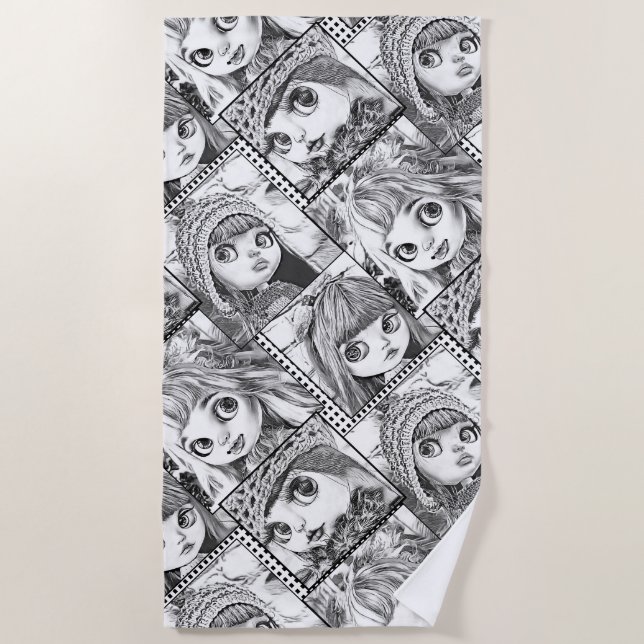 My favourite black and white patchwork dolls  beach towel (Front)