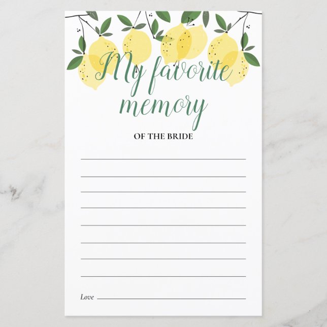 My Favourite Memory Lemons Bridal Shower Card (Front)