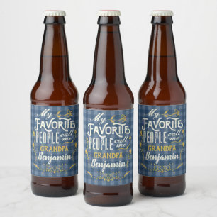 My Favourite People Call Me Grandpa Blue Gingham Beer Bottle Label