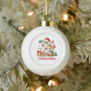 My First 1st Christmas Baby Deer Santa Hat Holiday Ceramic Ball Christmas Ornament