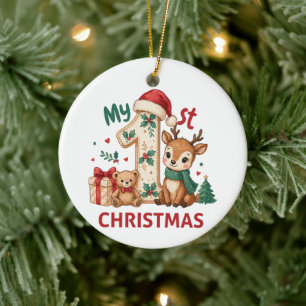 My First 1st Christmas Baby Deer Santa Hat Holiday Ceramic Ornament