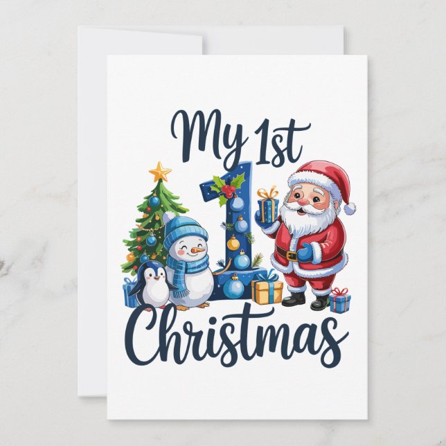 My First 1st Christmas Blue Baby Boy Xmas Snowman Holiday Card (Front)
