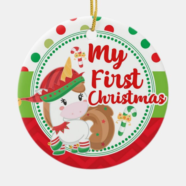 My First 1st Christmas Elf Unicorn Kids Ceramic Ornament (Front)